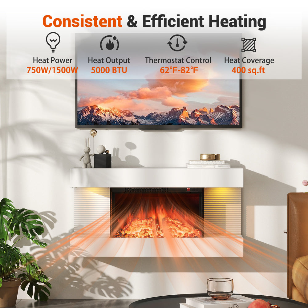 18-inch 3-sided wall-mounted electric fireplace with 5000 BTU heat output, remote control, and 12 flame colors for cozy.