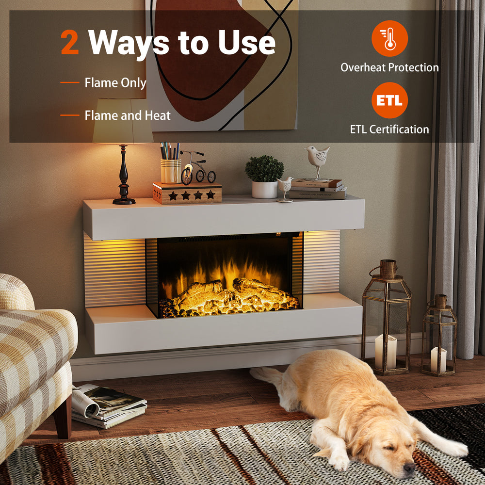 Wall-mounted electric fireplace with 3-sided glass, offering flame and heat options, ideal for modern decor and cozy.