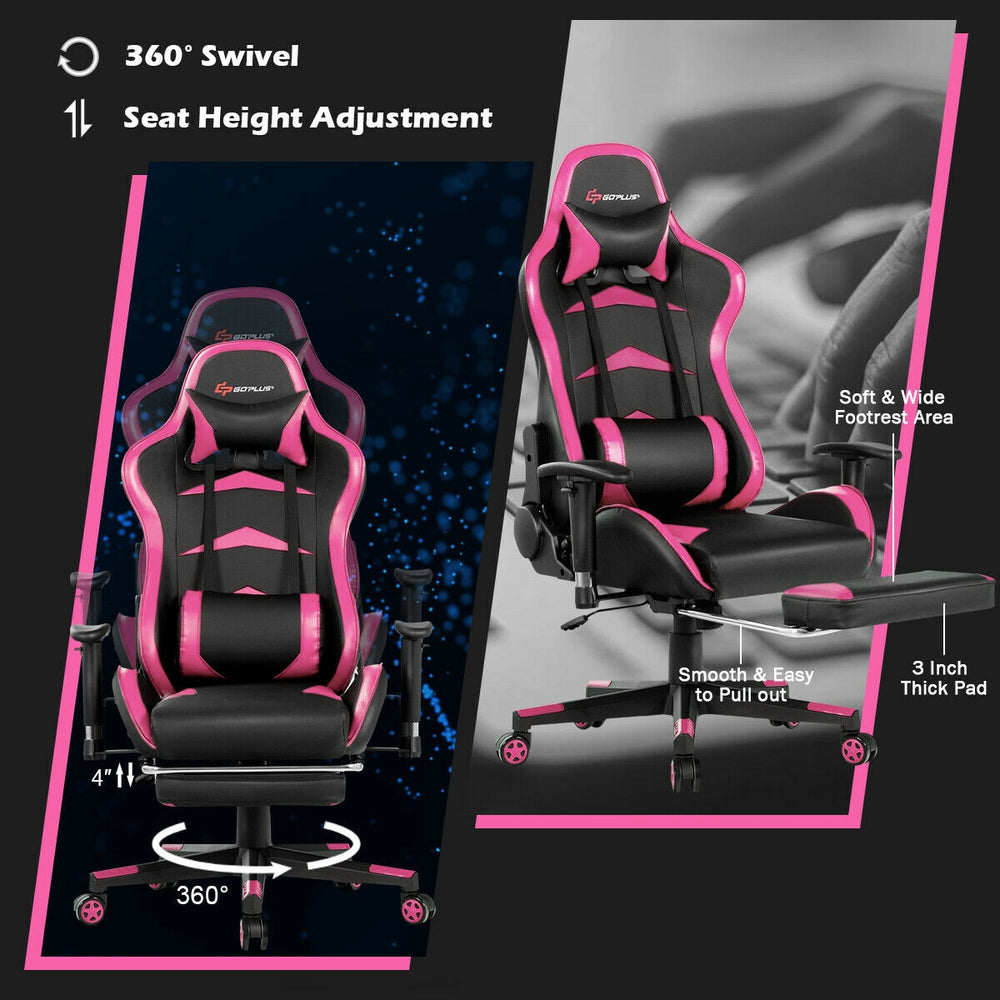 Massage gaming chair in pink with adjustable footrest, 360° swivel, and 180° reclining backrest for ultimate comfort.