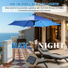 9-foot blue solar LED lighted patio umbrella with crank lift and tilt adjustment for versatile outdoor shade.