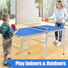 Portable 60-inch blue ping pong folding table with paddles and balls, ideal for indoor and outdoor play.