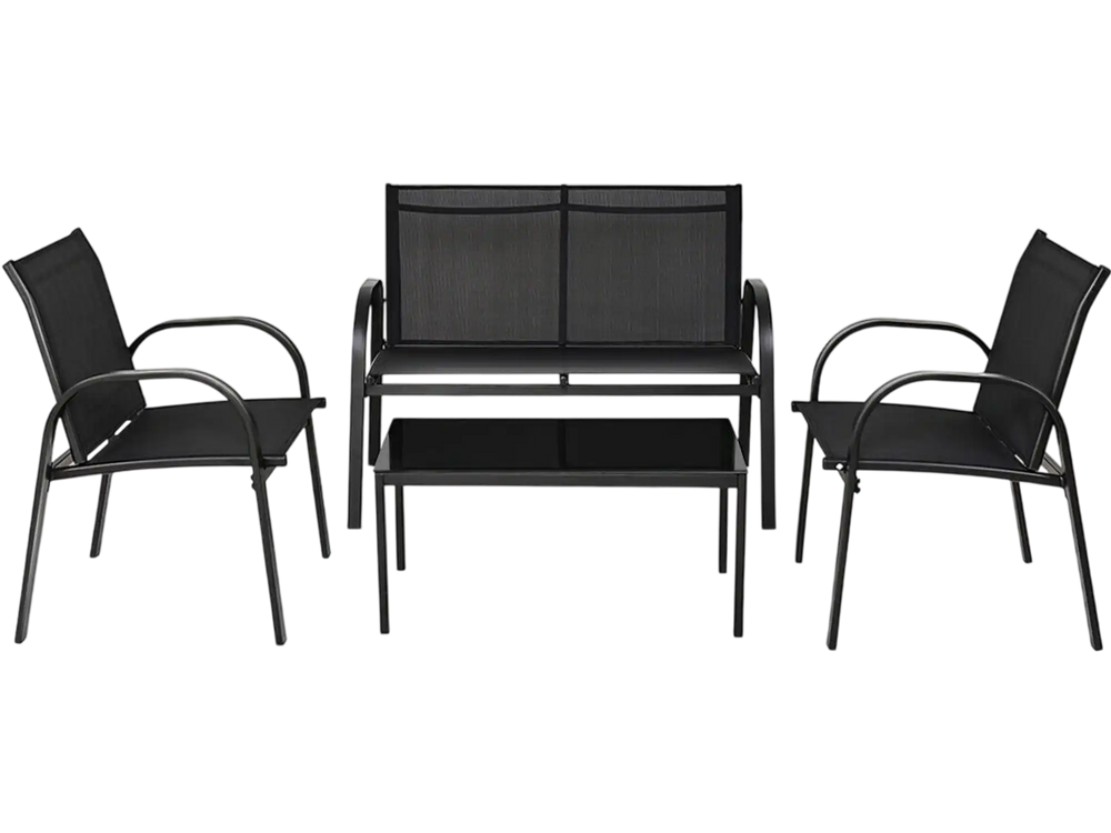 Black tea table with a glass top from the 4-piece patio furniture set, perfect for stylish outdoor gatherings.