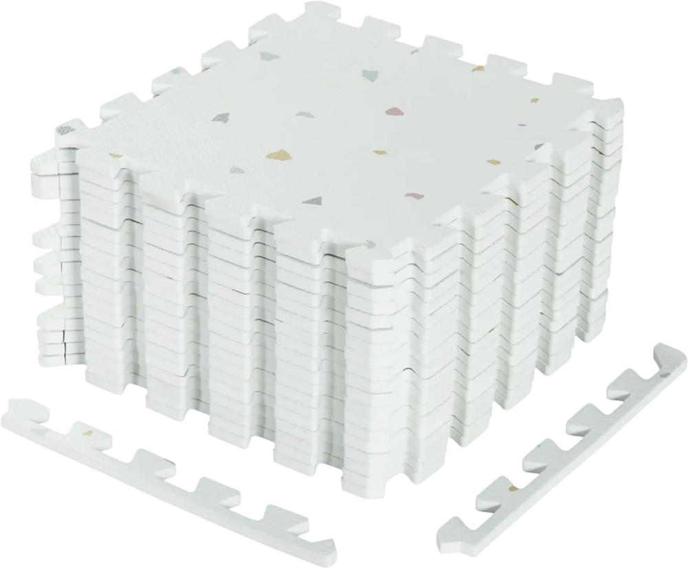 Light gray EVA interlocking foam floor tiles stacked, offering joint protection and a non-slip surface for versatile.