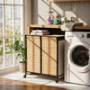 Natural 2-section laundry hamper with lid, bamboo slats, and lockable wheels for easy sorting and mobility.