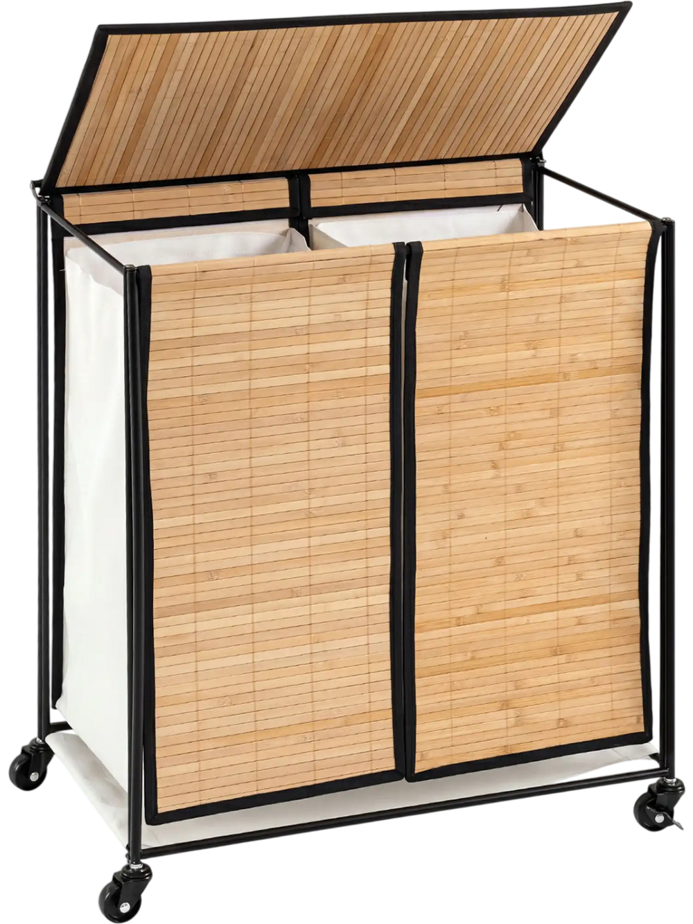 Two-section laundry hamper with lid, bamboo slats, and lockable wheels for easy sorting and mobility.