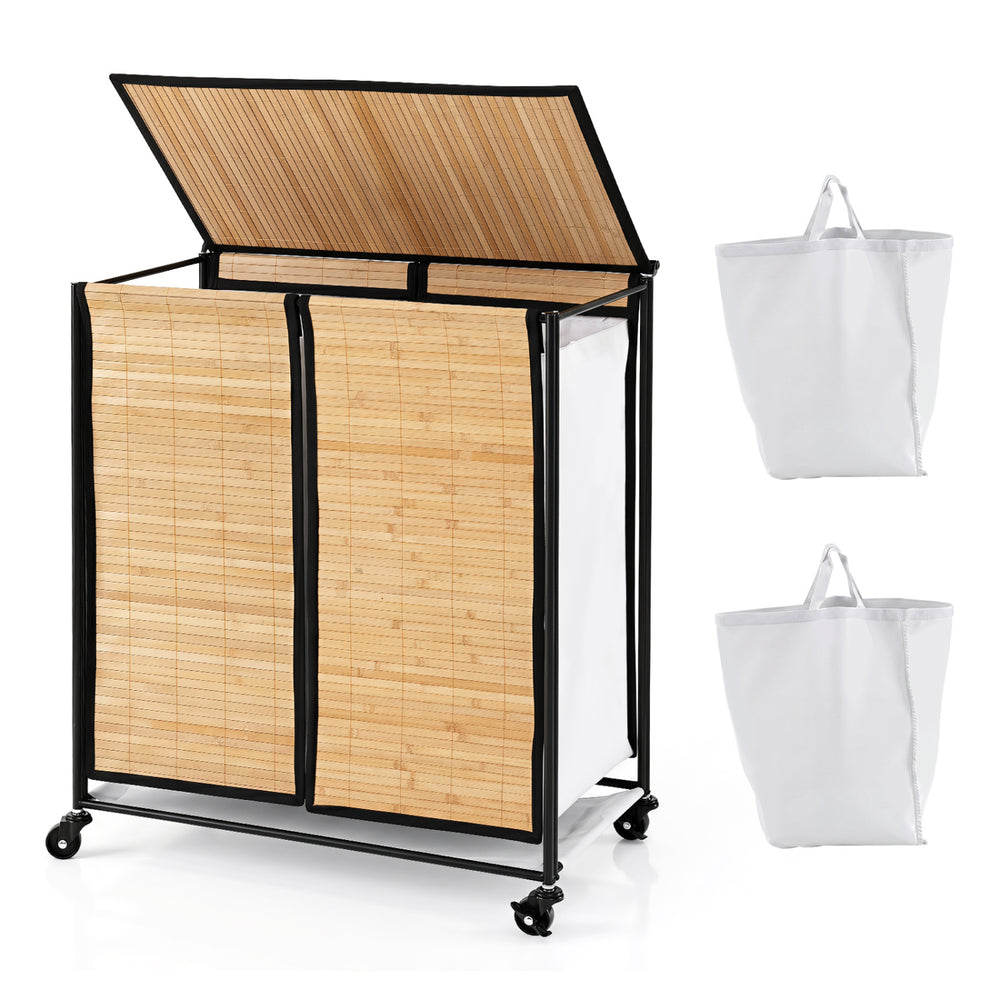 Two-section natural bamboo laundry hamper with lid, removable bags, and lockable wheels for easy sorting and transport.