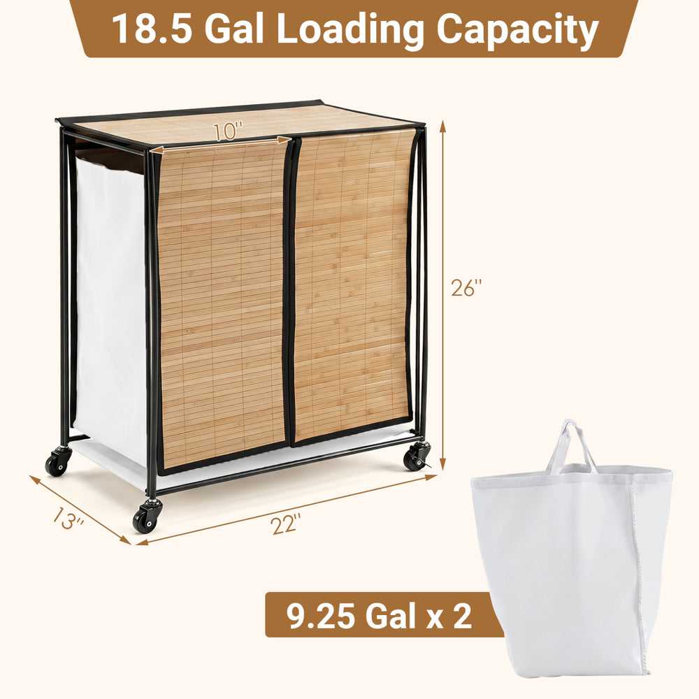Natural 18.5 Gal laundry hamper features a 2-section design, lid, and lockable wheels for easy sorting and mobility.