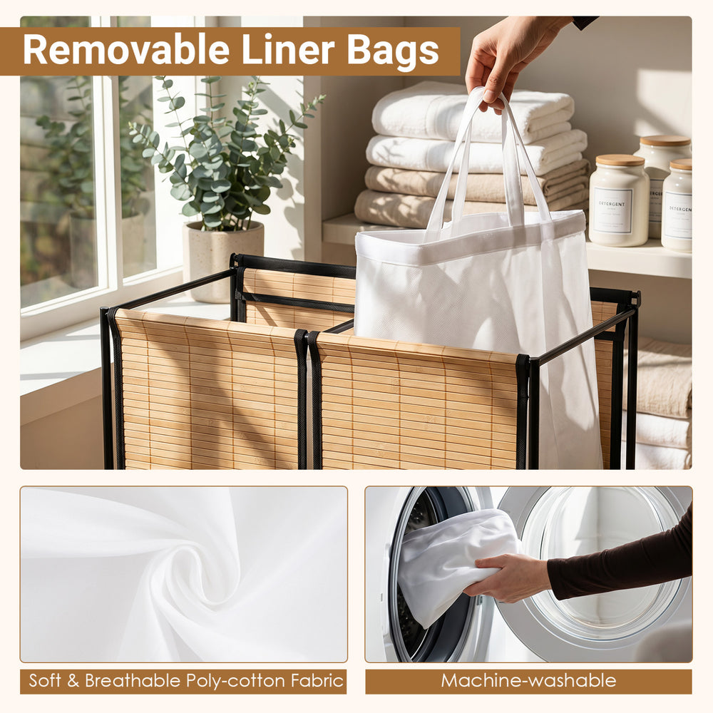 Dual removable liner bags made of breathable poly-cotton fabric for easy cleaning in a natural bamboo laundry hamper.