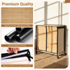 Two-section natural bamboo laundry hamper with lid, sturdy metal frame, and lockable wheels for easy transport.