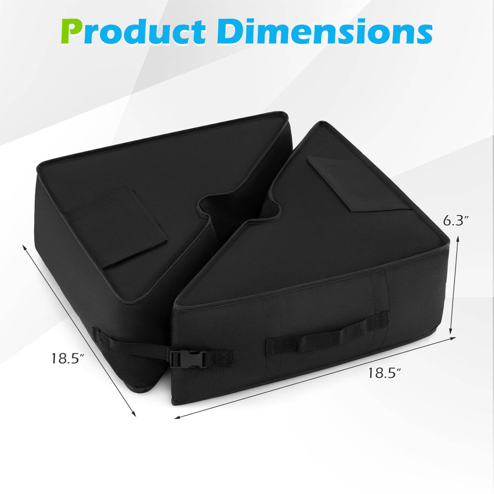 Black 18.5" square umbrella base weight with detachable design and weatherproof fabric, ideal for patio and garden use.