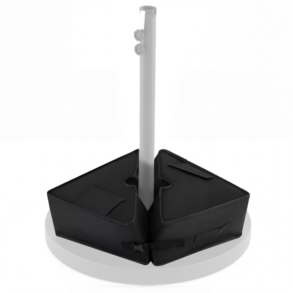 Square umbrella base weight in black, made of weatherproof 900D oxford cloth, designed for easy filling and transport.
