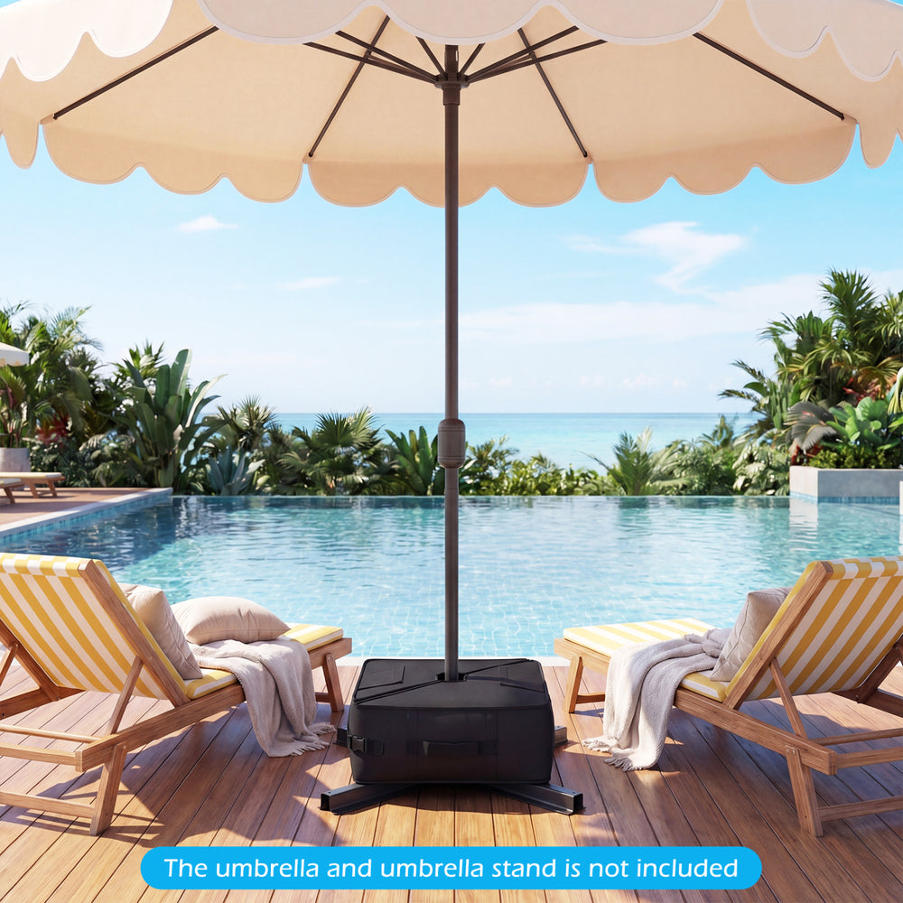 Square umbrella base weight in black, made of weatherproof fabric, ideal for poolside and patio use.
