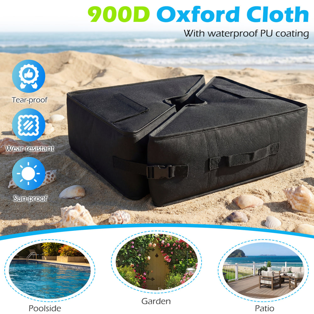 Square umbrella base weight made of 900D oxford cloth, waterproof, ideal for poolside, garden, or patio use.