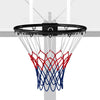 18" heavy-duty basketball rim with black metal frame and durable red and white net, perfect for indoor and outdoor play.