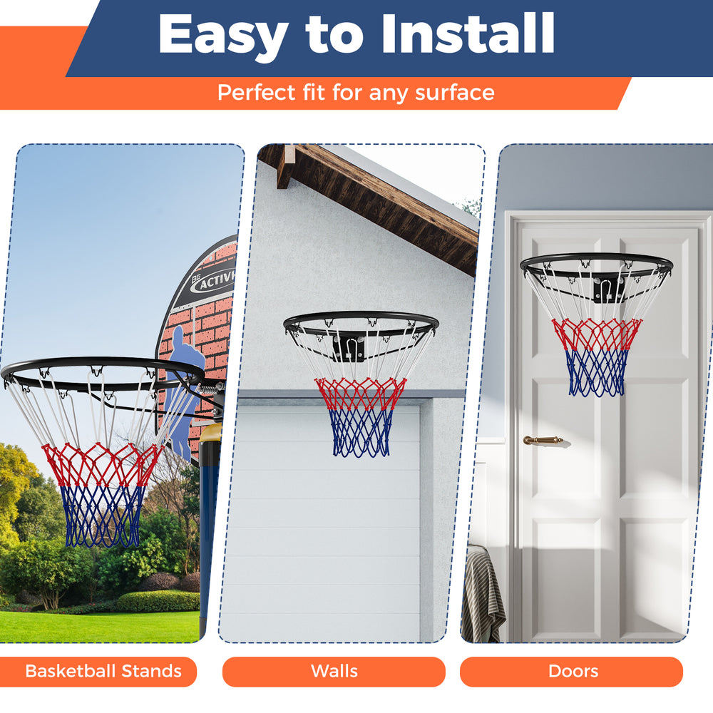18" heavy-duty basketball rim with a solid metal frame, suitable for walls, doors, and various surfaces for.