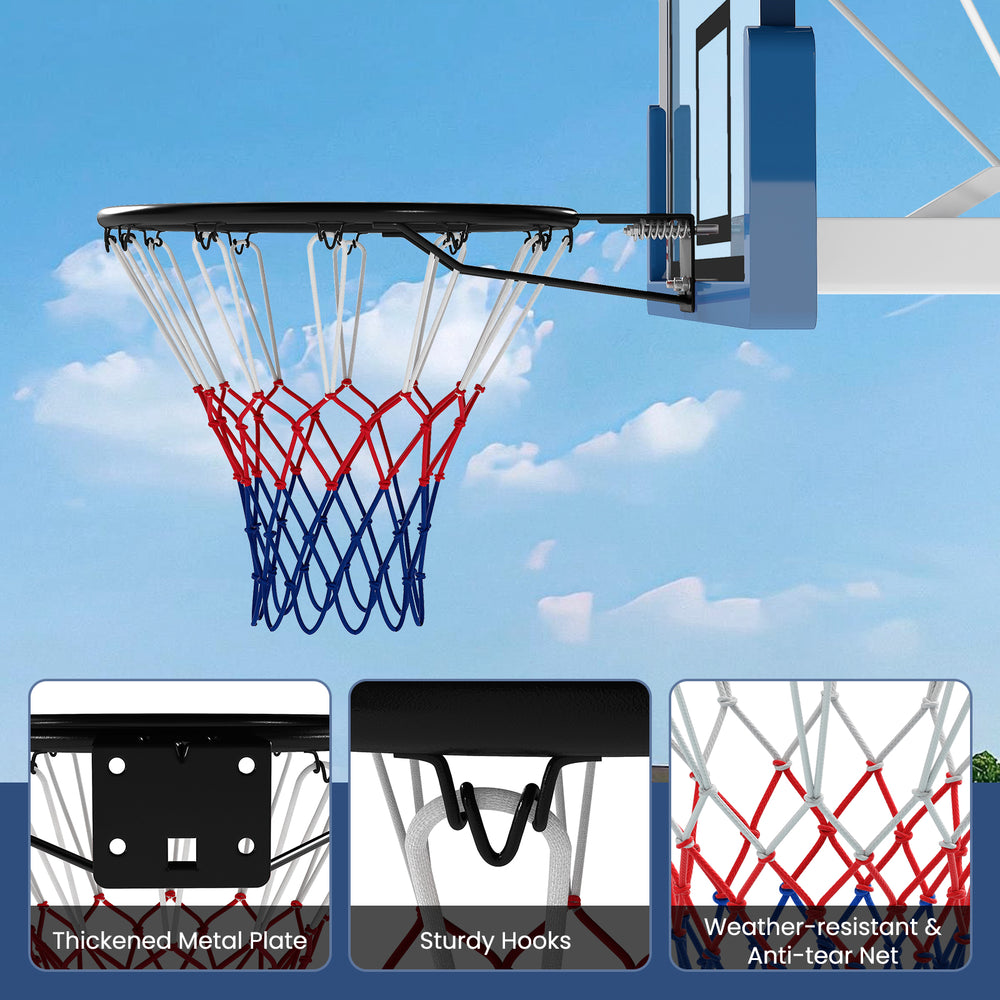 18" heavy-duty basketball rim with thickened metal frame and weather-resistant net, perfect for indoor and outdoor play.
