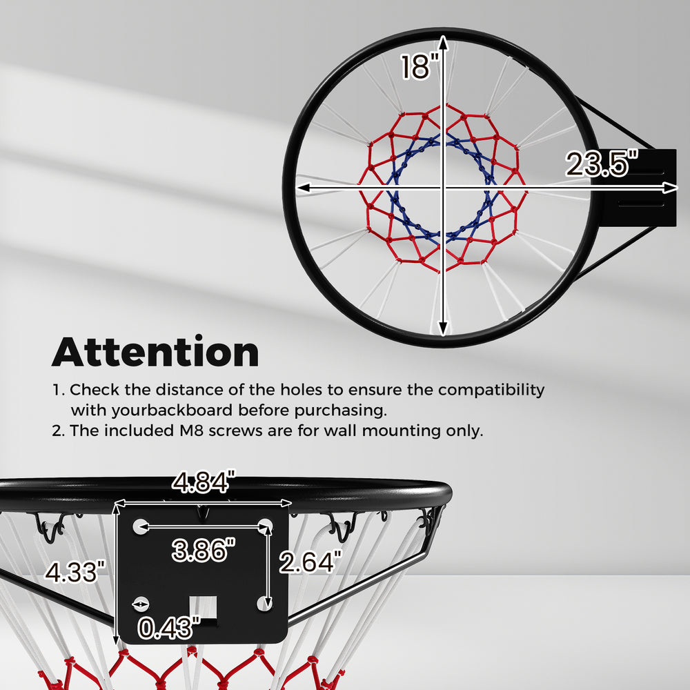 18" heavy-duty basketball rim with solid metal frame and double spring design, suitable for indoor and outdoor play.