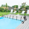 Adjustable 18 ft aluminum pool cover reel set with wheels, suitable for in-ground pools, shown beside a swimming pool.