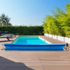 Aluminum pool cover reel set with blue cover, suitable for 4 to 18 feet in-ground pools, shown on a wooden deck.