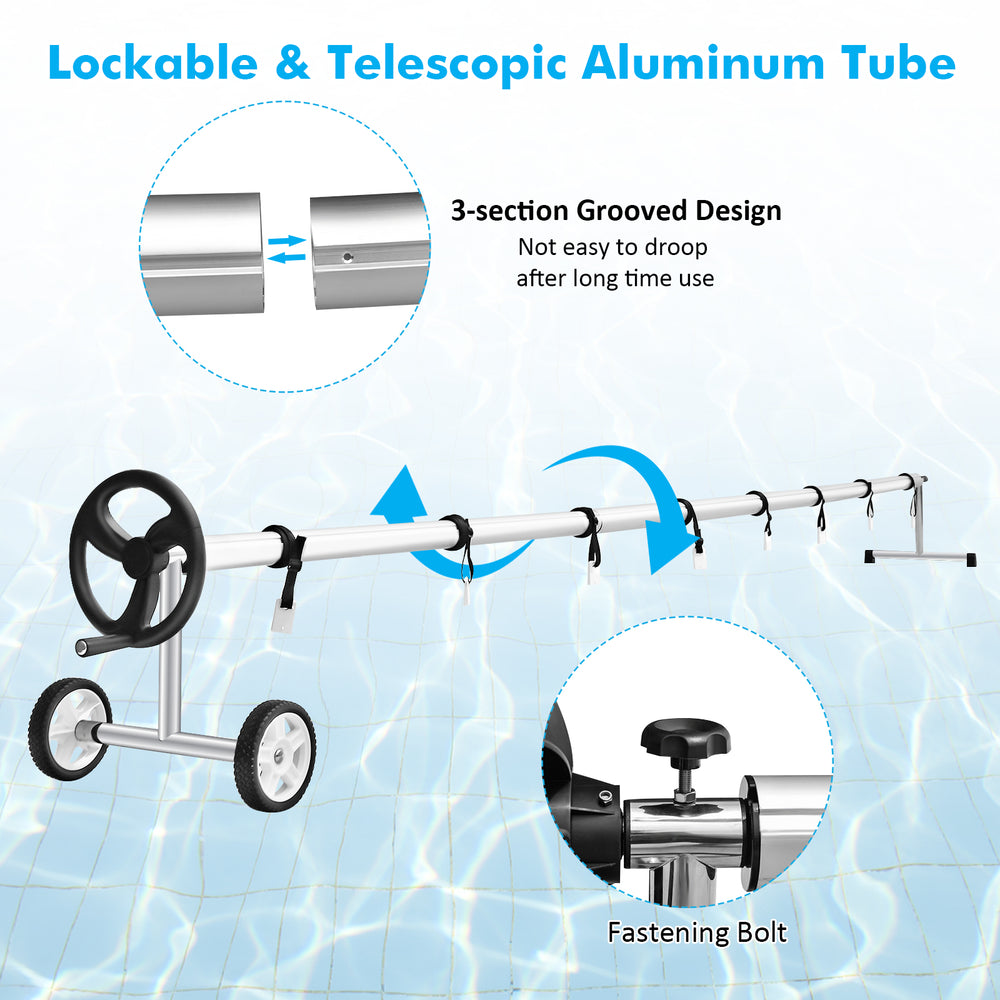 Telescopic aluminum tube pool cover reel set with wheels, adjustable for 4 to 18 feet in-ground swimming pools.