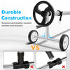 Durable aluminum pool cover reel set with stainless steel brackets, featuring wheels for easy mobility and stability.