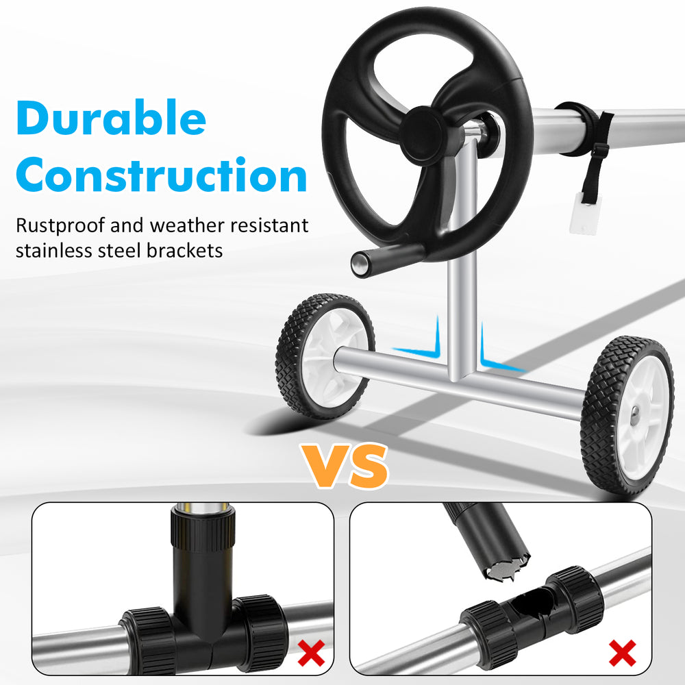 Durable aluminum pool cover reel set with stainless steel brackets, featuring wheels for easy mobility and stability.