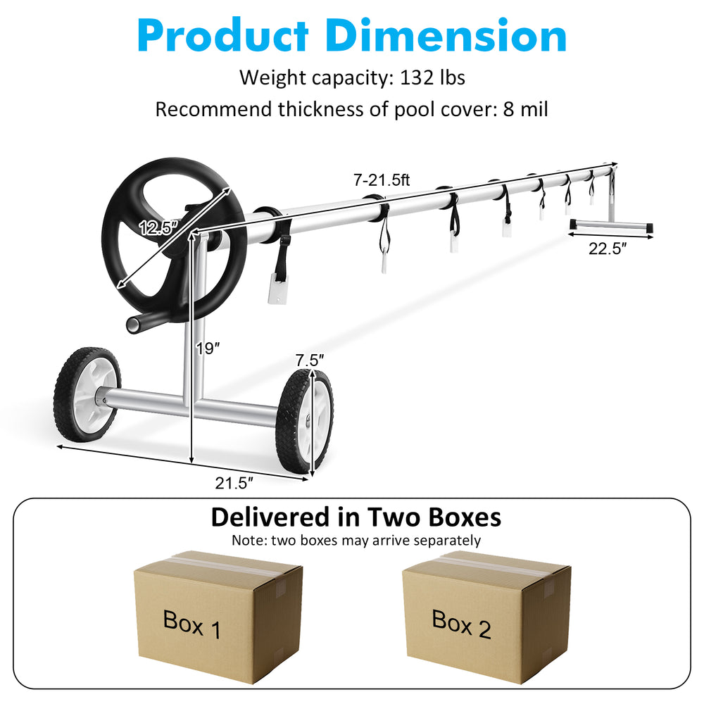 Aluminum pool cover reel set with adjustable length, wheels, and hand crank for easy use with in-ground pools.