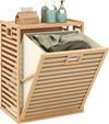 Tilt-out laundry hamper in natural bamboo with removable bin, featuring slatted design and aligned front handles for.
