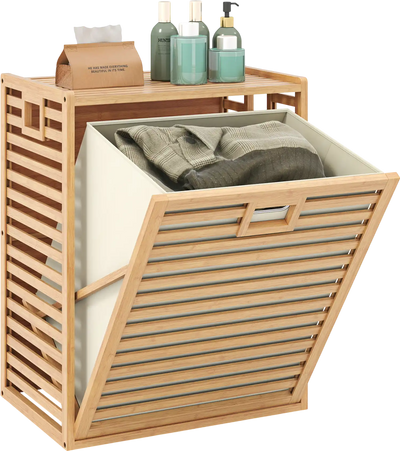 Costway 18 Gal Bamboo Tilt-Out Laundry Hamper Removable Fabric Bin 924571863 New