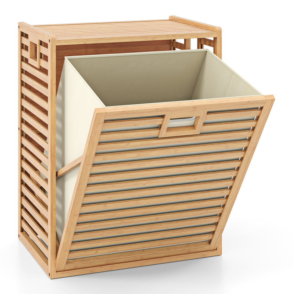 Tilt-out laundry hamper in natural bamboo, featuring a removable fabric bin and a spacious top for convenient storage.
