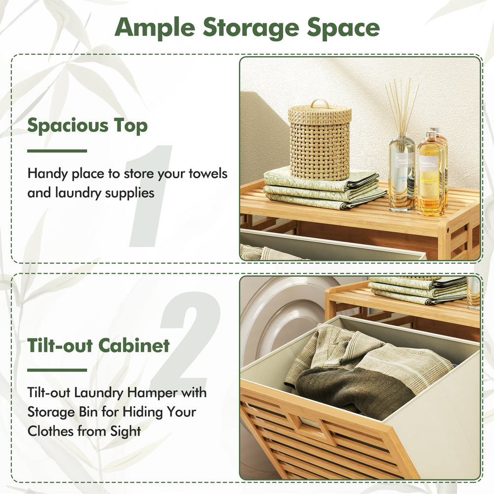 Bamboo tilt-out laundry hamper with removable fabric bin and spacious top for bathroom essentials storage.