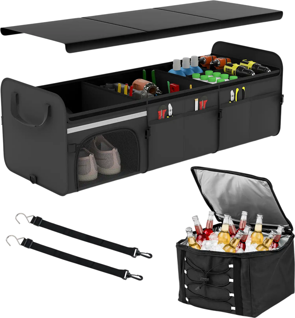 Portable 18 Gal car trunk organizer in black with 3 compartments, insulated cooler bag, and convenient handle for.