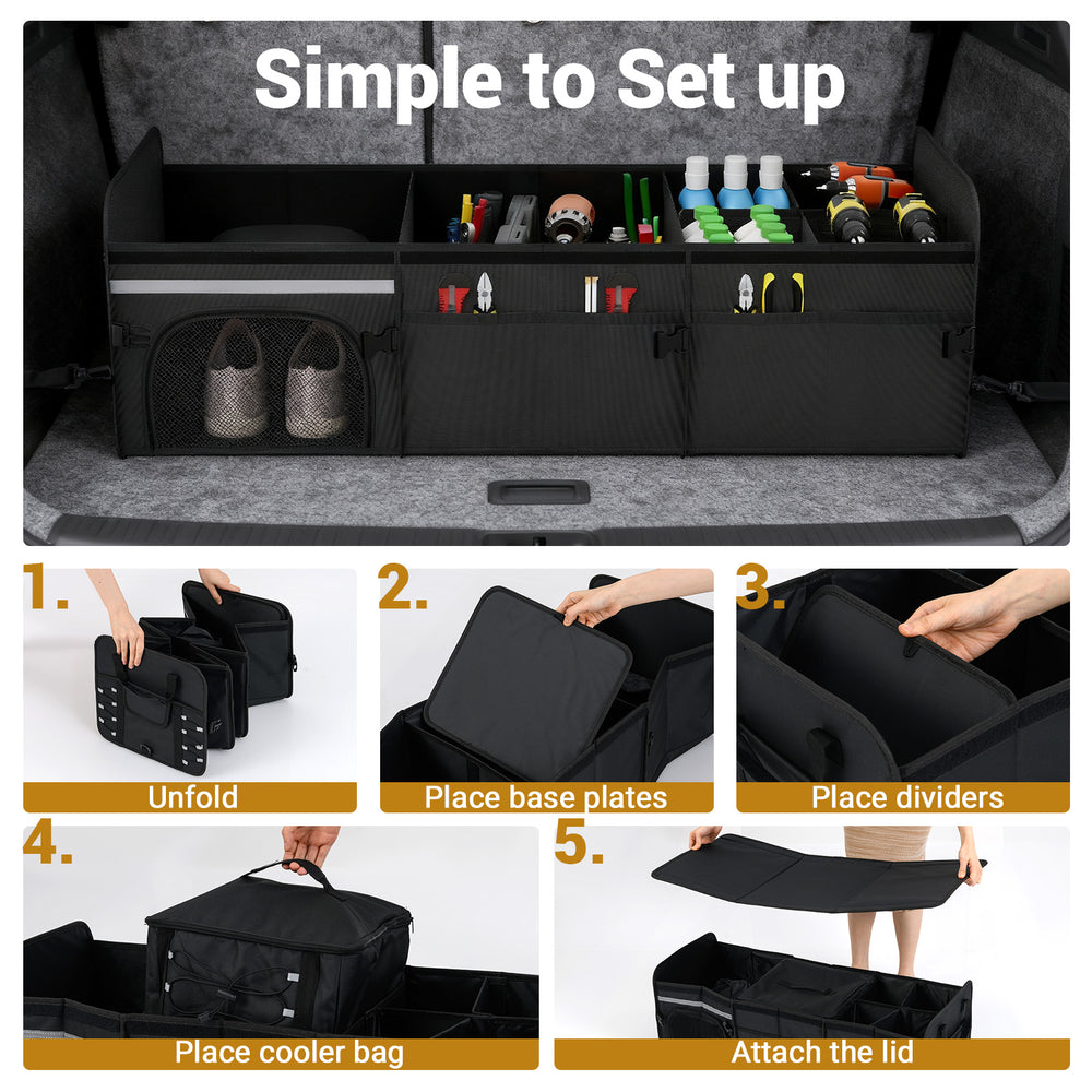 Black 18 Gal car trunk organizer with lid, featuring multiple compartments and pockets for efficient storage and.