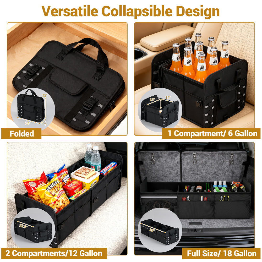 Collapsible 18 Gal car trunk organizer in black with 3 compartments, ideal for groceries and travel storage.