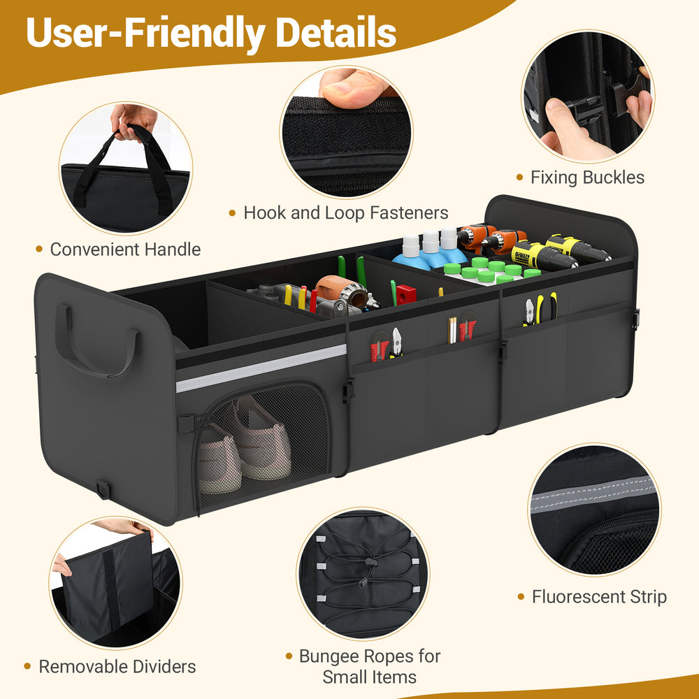 18 Gal black car trunk organizer with lid, featuring 3 compartments, bungee ropes, and a convenient handle for easy.