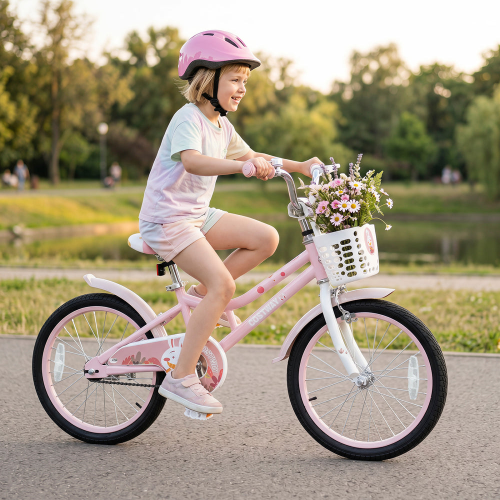 Kids bike with adjustable seat and front basket in pink, featuring training wheels for beginners and a sturdy kickstand.
