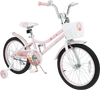 Kids' pink bike with adjustable seat, front basket, training wheels, and double brake system for safe riding.
