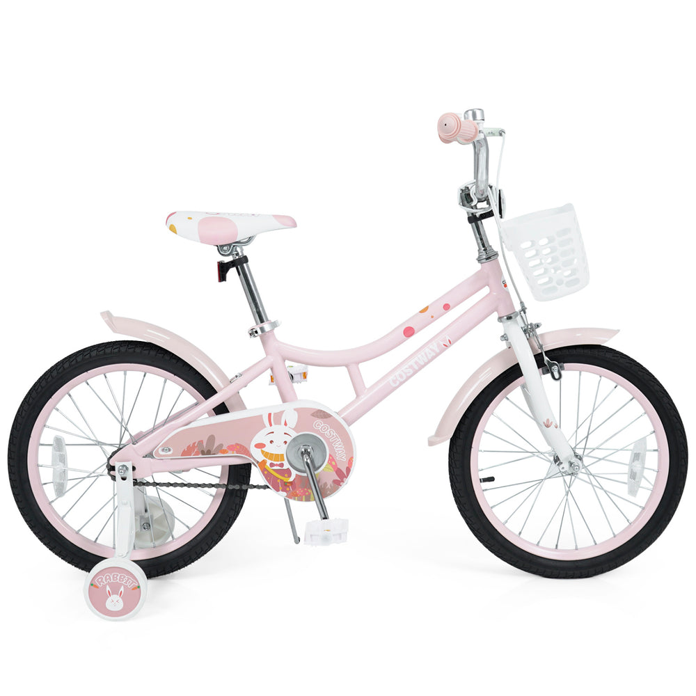 Kids' 18-inch pink bike with adjustable seat, front basket, training wheels, and double brake system for safety.
