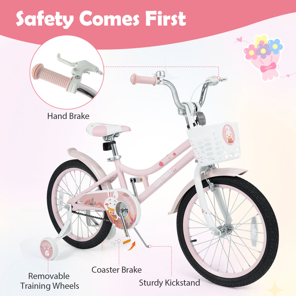 Kids bike with adjustable seat, front basket, training wheels, and double brake system for enhanced safety and comfort.