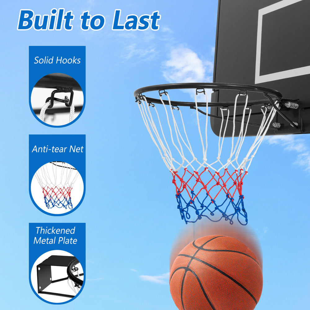 18-inch basketball rim with all-weather net and heavy-duty hooks, designed for indoor and outdoor play.