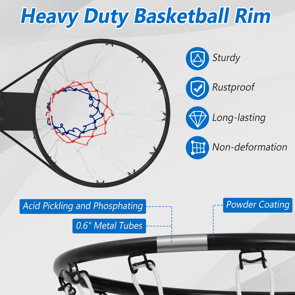18-inch heavy-duty basketball rim with powder-coated metal tubes and all-weather net for indoor or outdoor play.