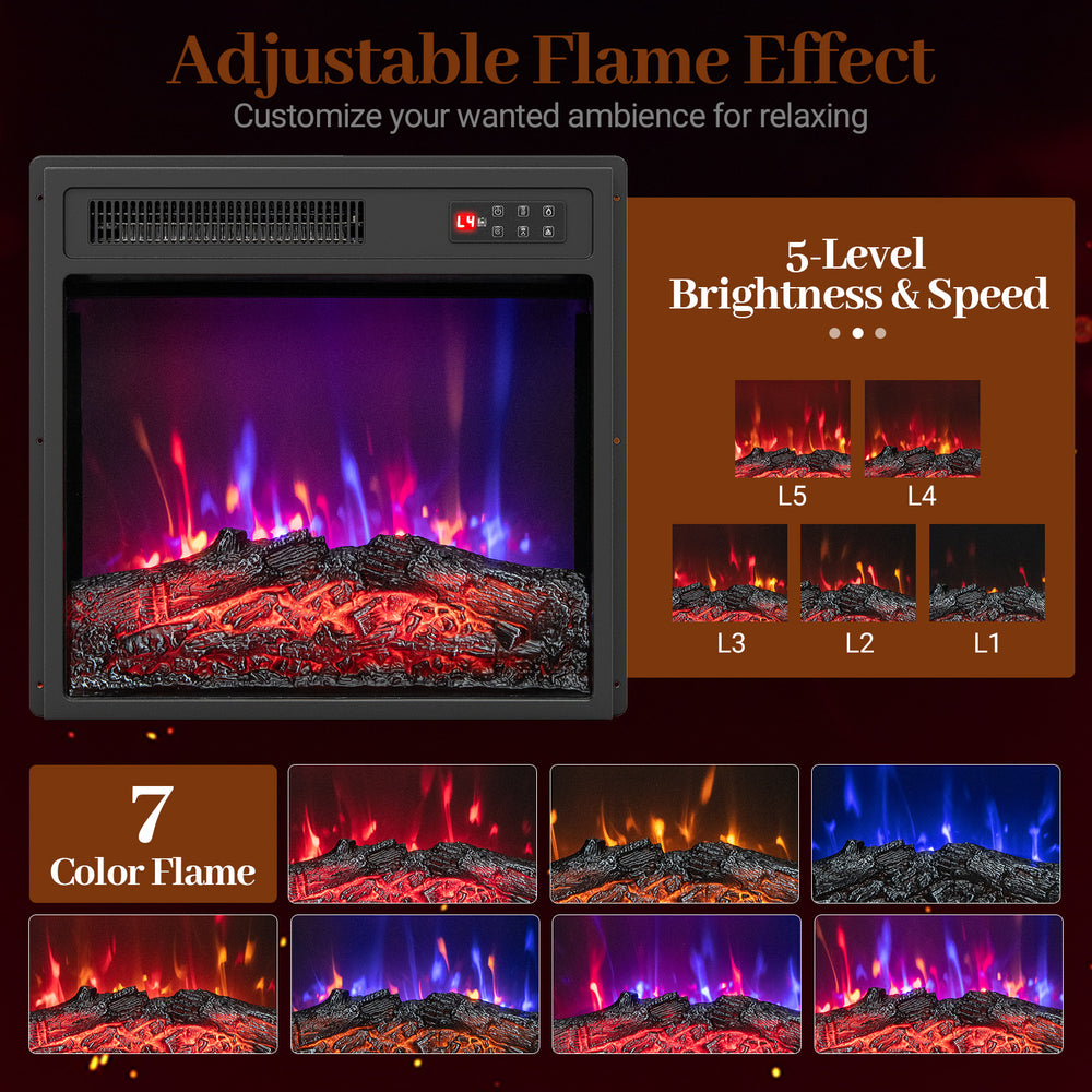 18-inch electric fireplace insert with 7 flame colors and remote control, perfect for creating a cozy atmosphere.
