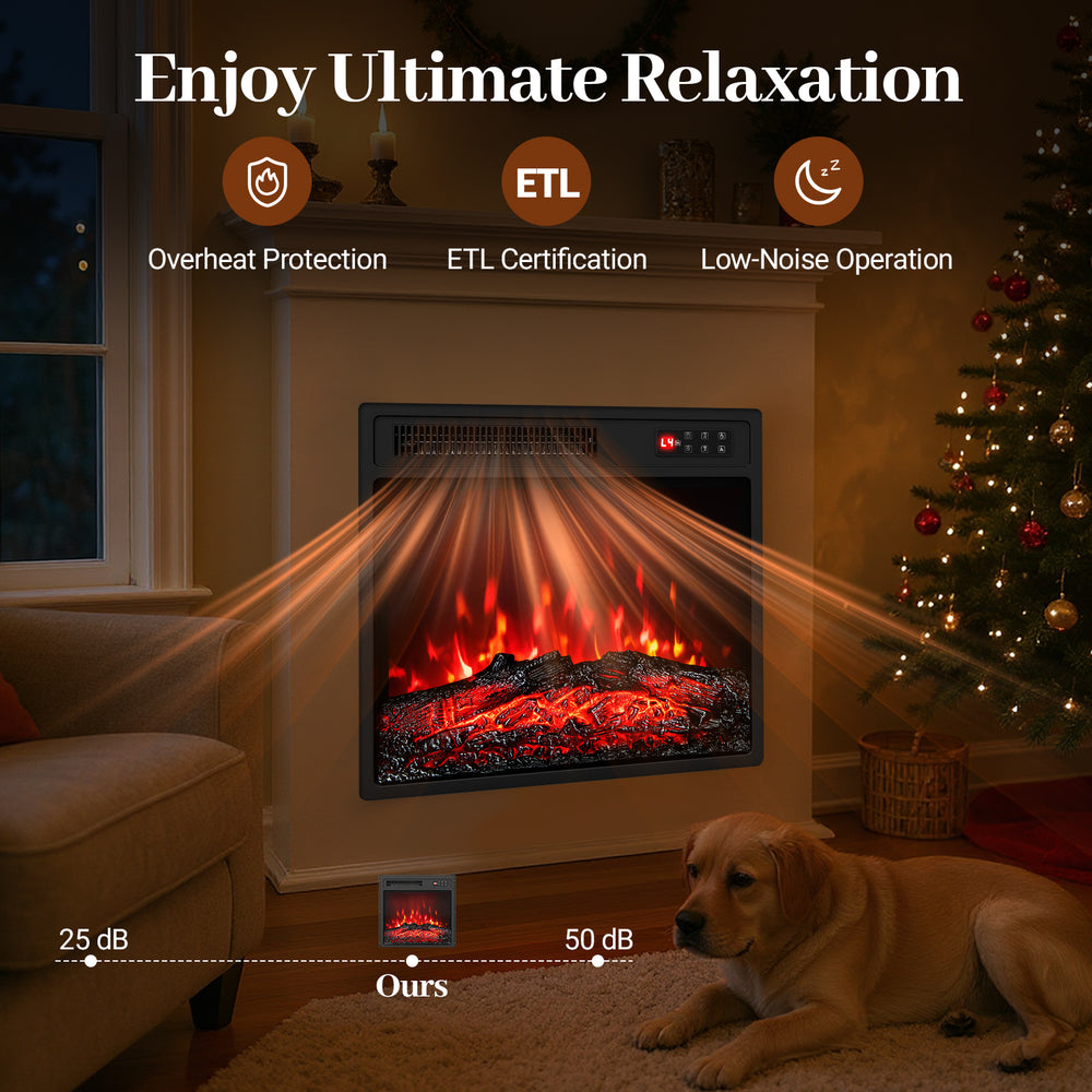 18-inch electric fireplace insert with remote control, featuring 7 flame colors and overheat protection for cozy warmth.