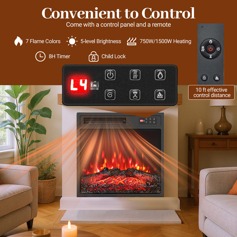Electric fireplace insert control panel with remote, offering 7 flame colors and timer for customizable heating.
