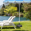 Heavy-duty 18-inch round umbrella base stand filled with sand, designed for stability in outdoor settings like patios.