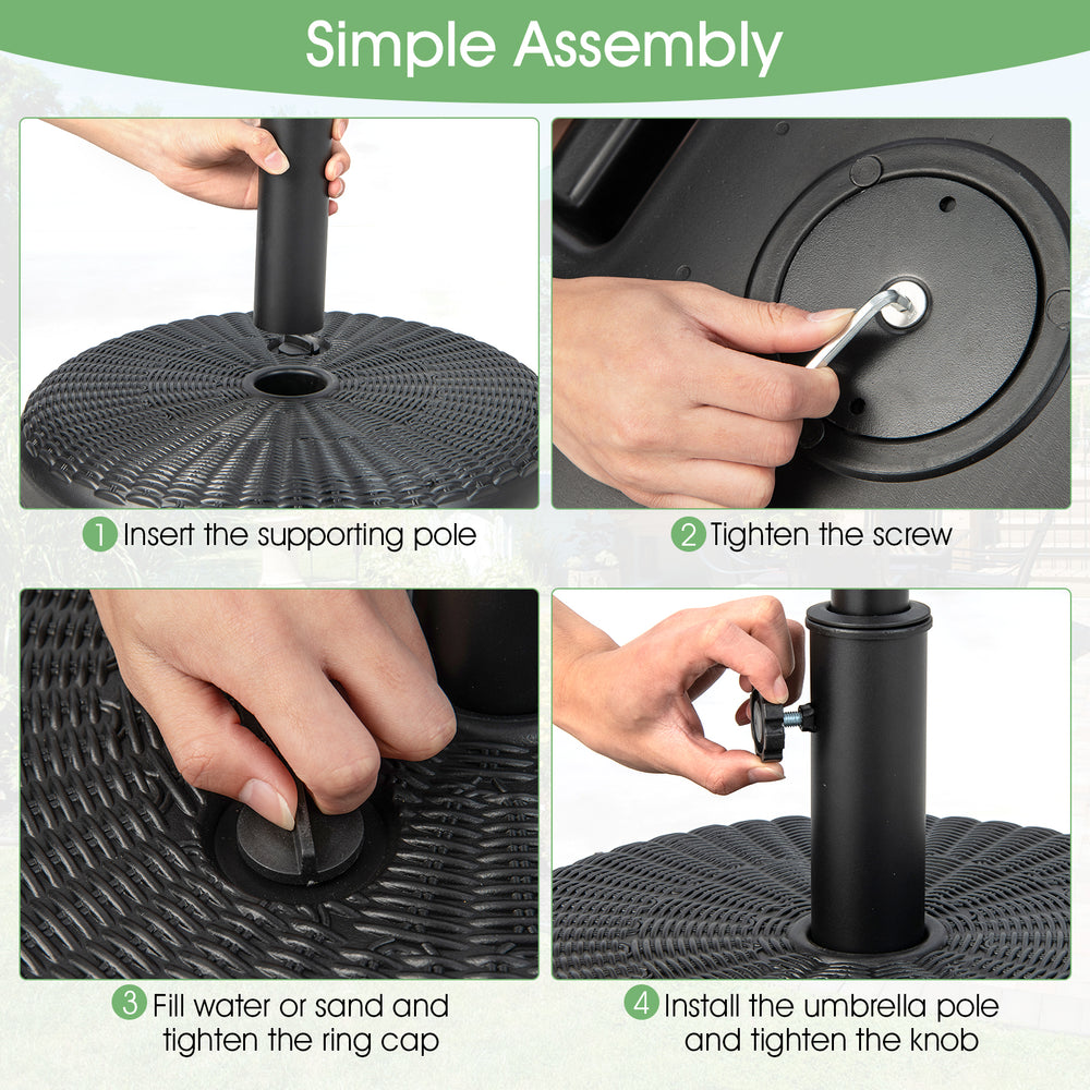 Heavy-duty 18-inch round umbrella base stand with fillable reservoir for stability, suitable for various outdoor uses.