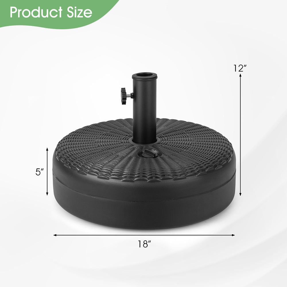 Heavy-duty 18-inch round umbrella base stand with a fillable reservoir for stability, ideal for patios and gardens.