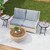 Round gray folding side table with tempered glass top, ideal for indoor and outdoor use, shown in a patio setting.