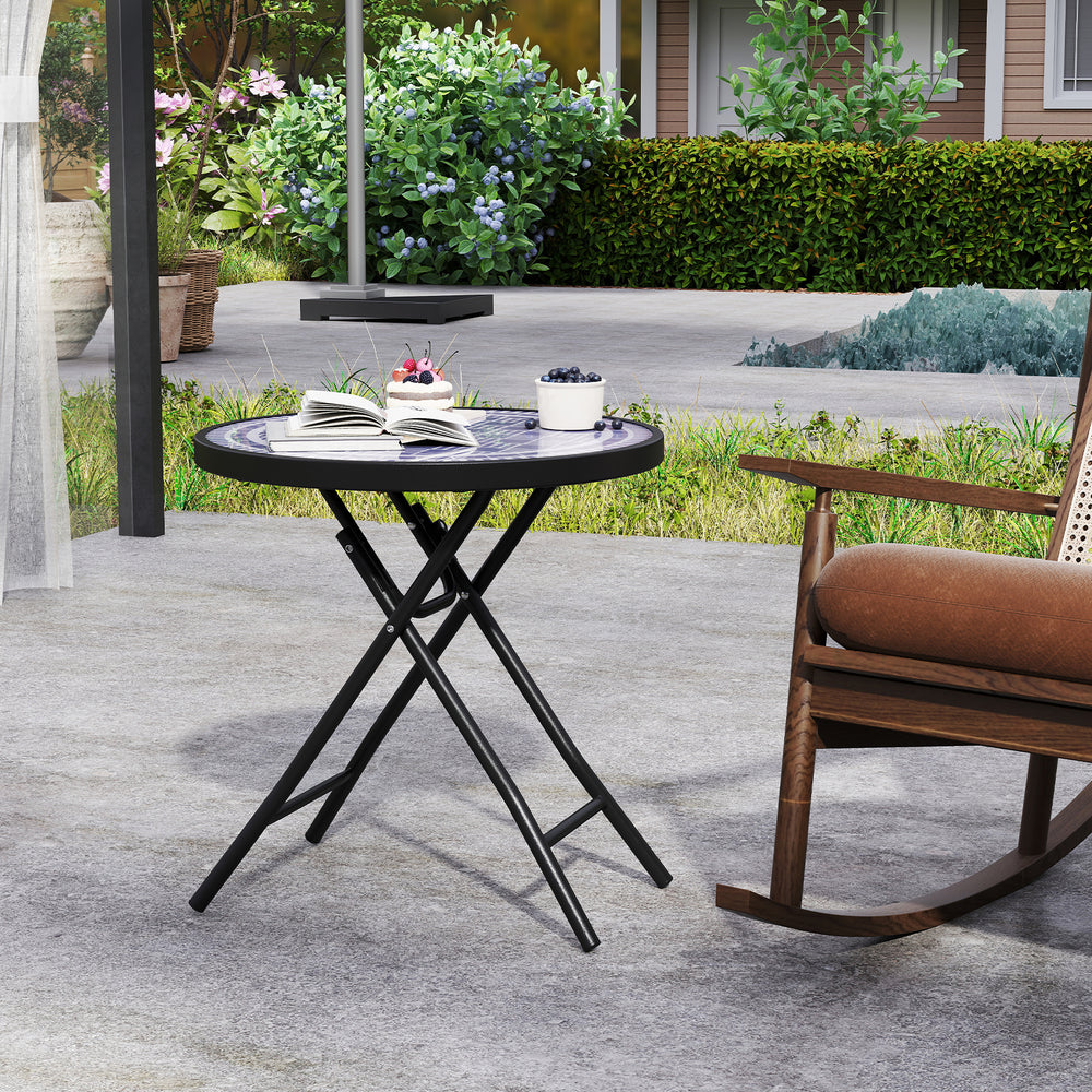 Folding 18-inch gray side table with a tempered glass top, lightweight design perfect for relaxing on the patio.