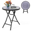 Round gray folding side table with tempered glass top and metal frame, ideal for indoor and outdoor use.